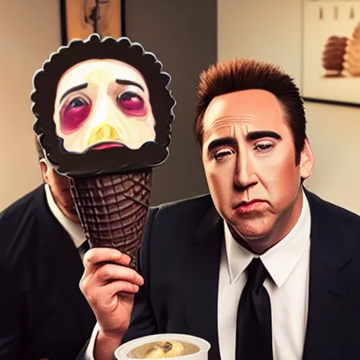 Prompt: An ice cream cone taking Nicholas Cage’s “face off” hyper realistic 8k great studio lighting