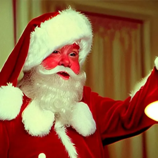 Image similar to glamour shot of a creepy Santa from David Lynch's Christmas movie, soft lighting, film grain, VHS copy