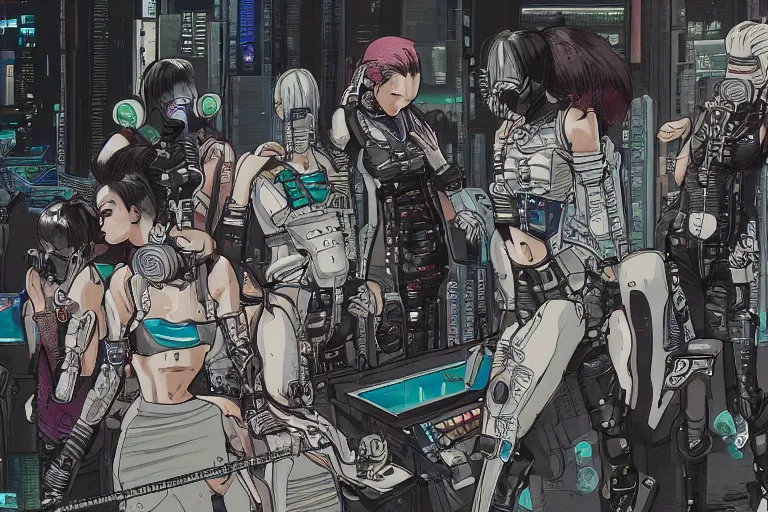 Prompt: a cyberpunk illustration of a group of female androids in style of masamune shirow, repairing each other after a huge battle. Many of the androids will not survive, hyper-detailed, intricate, view from above