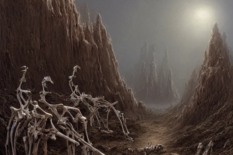 Prompt: amazing concept painting of the Valley of Dry Bones, by Jessica Rossier and HR giger and Beksinski, prophecy, hallucination, the middle of a valley; it was full of bones, bones that were very dry, there was a noise, a rattling sound, and the bones came together, bone to bone , I looked, and tendons and flesh appeared on them and skin covered them, but there was no breath in them and breath entered them, they came to life and stood up on their feet a vast army