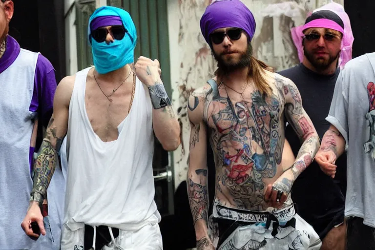 Image similar to jared leto as a white gang member wearing a purple head covering made from a polyester or nylon material and a stained white tank top caught dealing drugs inside a detroit gang trap house, arms covered in gang tattoo, paparazzi, leaked footage, uncomfortable, bad quality