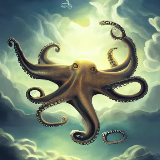 Image similar to flying octopus among clouds fantasy illustration, trending on artstation, deviantart, very realistic, 4k