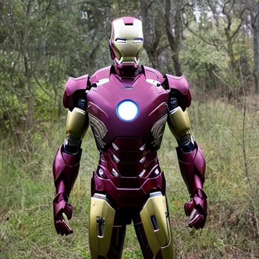 Image similar to overgrown abandoned iron man suit, highly detailed, 4k realistic photo