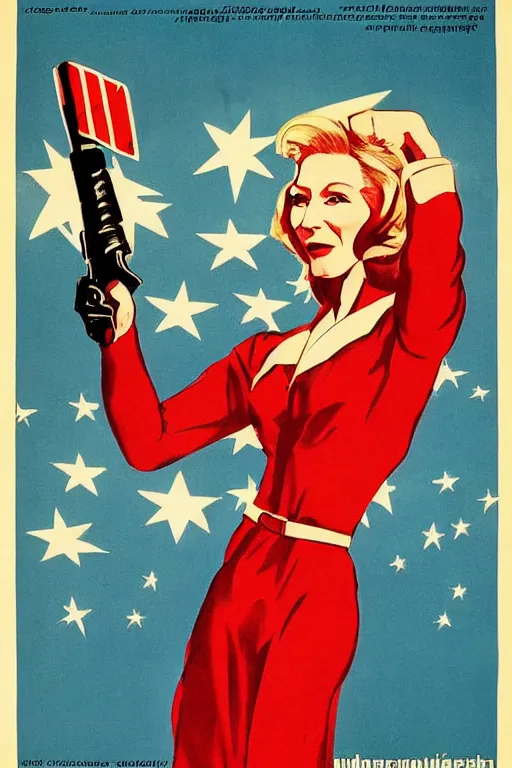 Image similar to soviet propaganda poster with cate blanchett calling on the world community to fight against Nazism, Ultra Detailed, soviet realism