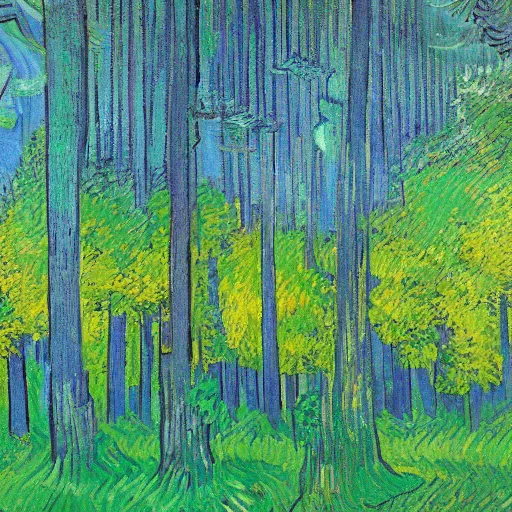 Prompt: landscape painting of a large dark but beautiful forest. the sunset reflected on the surface of the leaves. light green, blue, purple. art by van gogh, picasso, cezanne, david hockney.