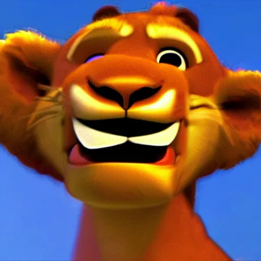 Prompt: pixar lion holding up text letters f, a, l, c, o, n, i,