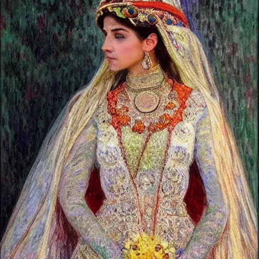 Image similar to full body portrait of a beautiful Kurdish bride wearing a beautiful wedding dress, very detailed eyes, hyperrealistic, beautiful and symmetrical face, very detailed painting by Claude Monet and Alphonse Mucha, ornate, trending on artstation, extremely high detail, incredibly intricate