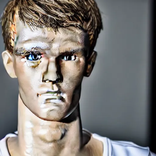 Image similar to a realistic detailed photo of a guy who is an attractive humanoid who is half robot and half humanoid, who is a male android, soccer player martin ødegaard, shiny skin, posing like a statue, blank stare, in a living room, on display