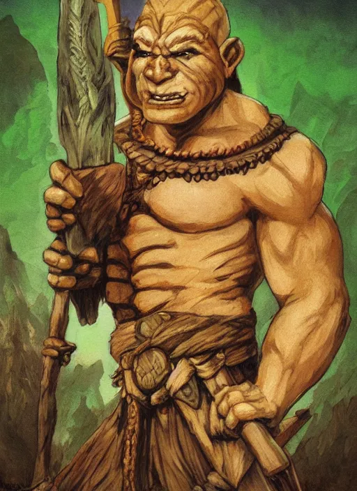 Image similar to Portrait of a Half Orc Druid holding a wooden totem, solid background, Fantasy Art, Dungeons ad Dragons, Frazetta