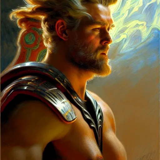 Image similar to stunning male god of thunder, highly detailed painting by gaston bussiere, craig mullins, j. c. leyendecker, 8 k