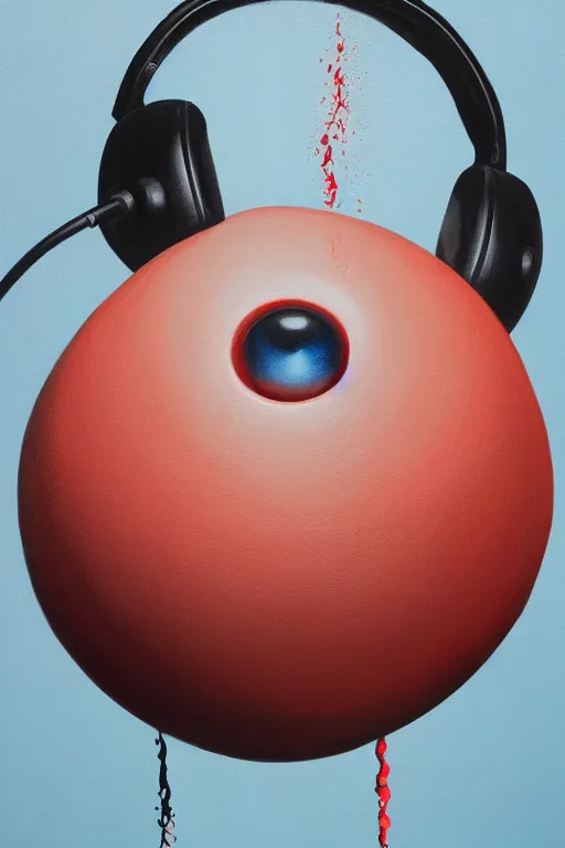 Image similar to hyperrealism surrealism acrylic painting, close - up portrait of bowling ball - with big headphones and a mime sweater, aerosol splashes on paper background, art by jeff soto