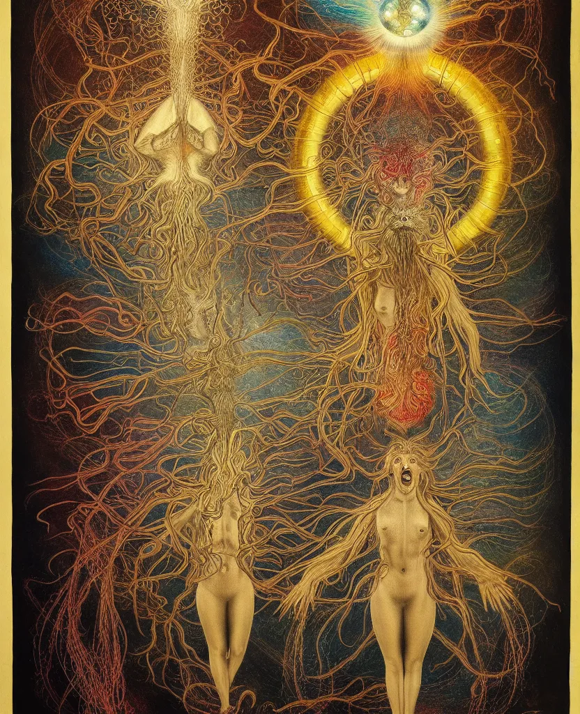 Image similar to at bifrost, a whimsical wild child creature radiates a unique canto'as above so below'while being ignited by the spirit of haeckel and robert fludd, breakthrough is iminent, glory be to the magic within, in honor of venus, painted by ronny khalil