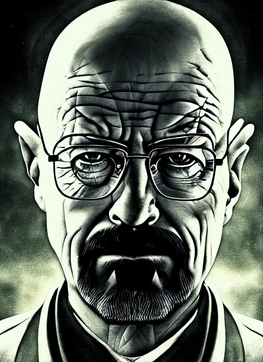 Prompt: dark scifi illustration portrait of walter white. cinematic lighting mad scientist style. golden ratio accidental renaissance. by dave mckean. graffiti art, scifi, fantasy, hyper detailed. octane render. concept art. trending on artstation