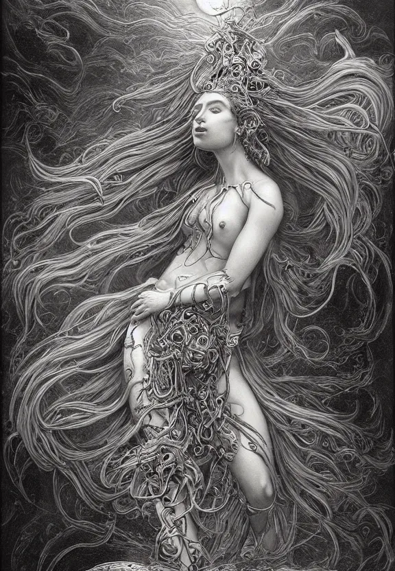 Image similar to full body front view of a beautiful biomechanical moon goddess, flowing hair, intense stare, sweet smile, concept art, intricate detail, volumetric shadows and lighting, psychedelic colors, realistic oil painting by gustave dore,