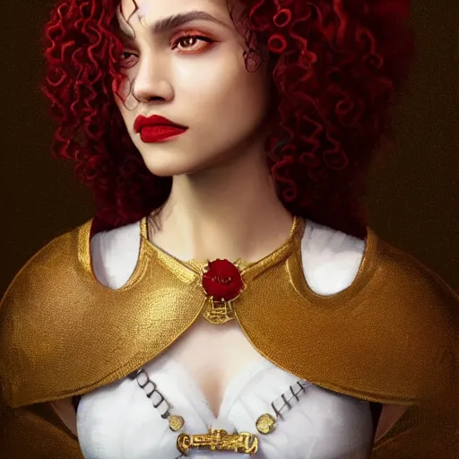 Image similar to character design, portrait of a attractive brown skinned woman with long black soft curly hair and blind white eyes, medieval, jewels, gold and red dress, painting by wlop and nixeu, beautiful, semirealism, artstation, octane render, sharpness, 8 k, golden ratio