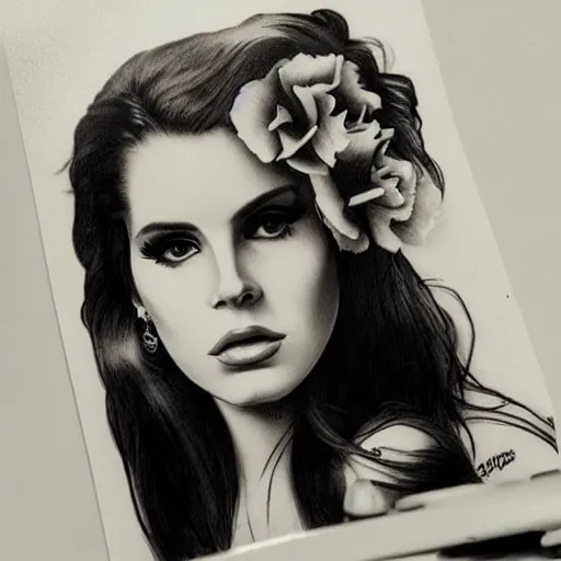 Image similar to Lana del rey tattoo design, photorealistic, dramatic