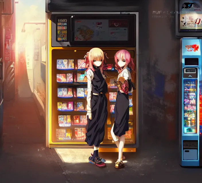 Image similar to Two beautiful anime women, standing in front of a vending machine outside of a Japanese convenience store, in a narrow Tokyo alleyway, gorgeous sunlight and shadows, D&D, fantasy, highly detailed, digital painting, artstation, concept art, sharp focus, illustration, in style of GUWEIZ and WLOP and NIXEU and Craig Mullins