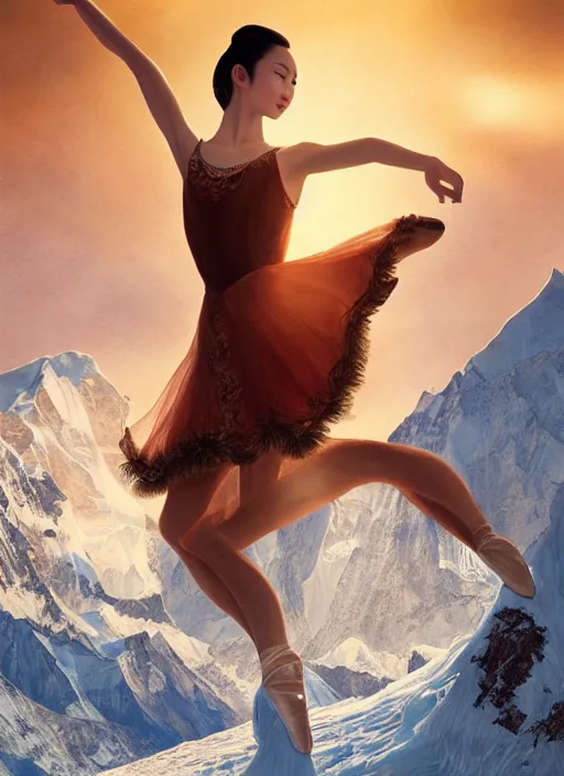 Prompt: stunningly beautiful, asian prima ballerina on mt everest, golden hour, smooth, focus, highly detailed, hyper realistic, dramatic lighting, elegant, intricate, concept art, art by wlop, mars ravelo, greg rutowski