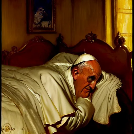 Image similar to the pope wakes up is his bed, sweating, nervous, terrified, because a double horned shadow demon lurks in the papal bedroom. highly detailed painting by gaston bussiere, j. c. leyendecker, greg rutkowski, craig mullins 8 k