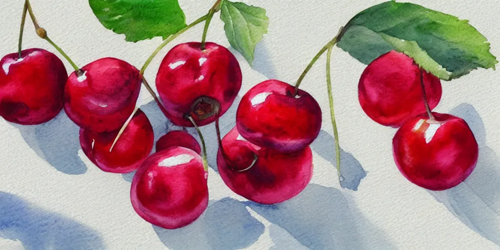 Prompt: watercolor painting of bunch of cherries, bright, white table, white walls