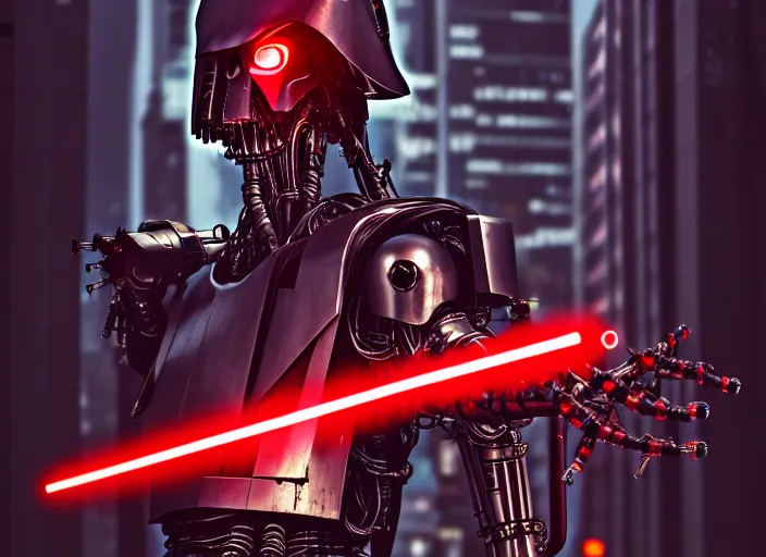 Image similar to 3 5 mm portrait photo of amgry general grievous with heavy duty biomechanical cybernetic body with 4 arms holding 4 activated red lightsabers in the city in the rain. cyberpunk horror style.