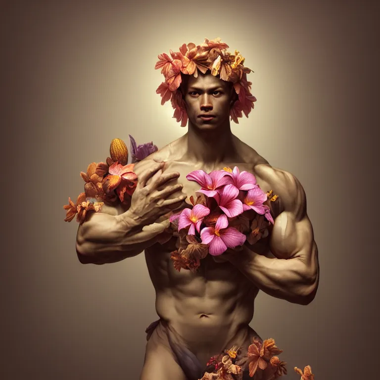 Image similar to still life of human muscular body covered with tropical flowers, wide shot, soft glow bloom lucid dream - like ethereal atmosphere, baroque portrait painting, perfect composition, beautiful intricate detailed octane render trending on artstation, 8 k artistic photography, volumetric cinematic perfect light, chiaroscuro, masterpiece, raphael, caravaggio, rutkowski, beeple, beksinski