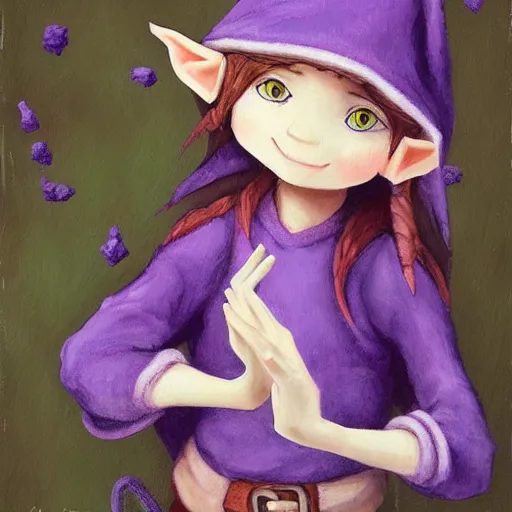 Prompt: little elf tomboy, purple tunic, soft hair. light color palate, detailed soft painting, made in abyss art style, anatomically correct, inspired in balthus