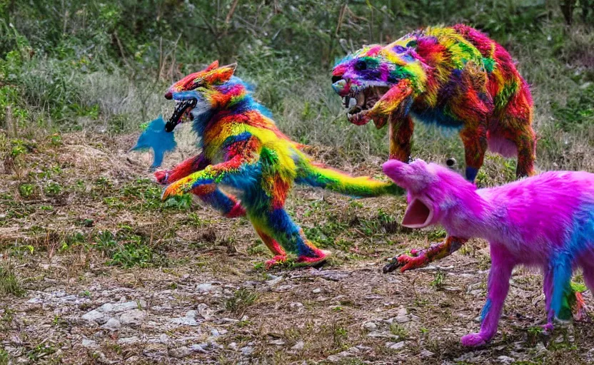 Prompt: photo of a person in a colorful fursuit stalking its prey, award winning photo, national geographic photo