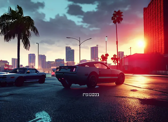 Image similar to still next - gen ps 5 game grand theft auto 6 2 0 2 4 remaster, graphics mods, rain, red sunset, people, rtx reflections, gta vi, miami, palms and miami buildings, photorealistic screenshot, unreal engine, 4 k, 5 0 mm bokeh, close - up ford mustang, gta vice city remastered, artstation
