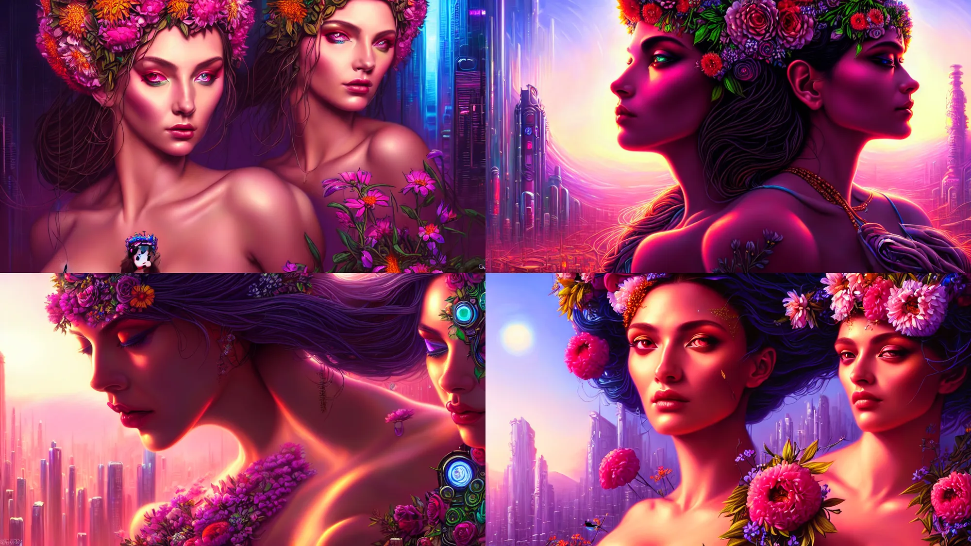 Prompt: a beautiful closeup 4K portrait painting of a flower goddess in a sensual pose, in the style dan mumford artwork, in the background a futuristic cyberpunk city is seen.