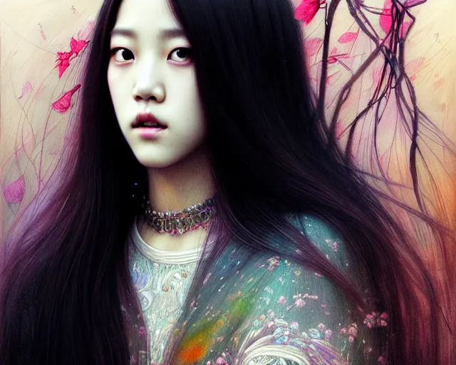 Image similar to jisoo from blackpink, portrait, tarot card, hyperrealistic, highly detailed, deep focus, intricate, elegant, digital painting, smooth, sharp focus, illustration, ultra realistic, 8 k, art by karol bak and agnes cecile