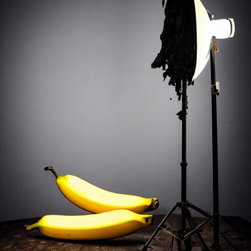 Prompt: studio 3 point lighting a withering black and moldy banana decays on a wooden pedestal, dark ooze of liquid seeps from the banana skin and stains, award winning