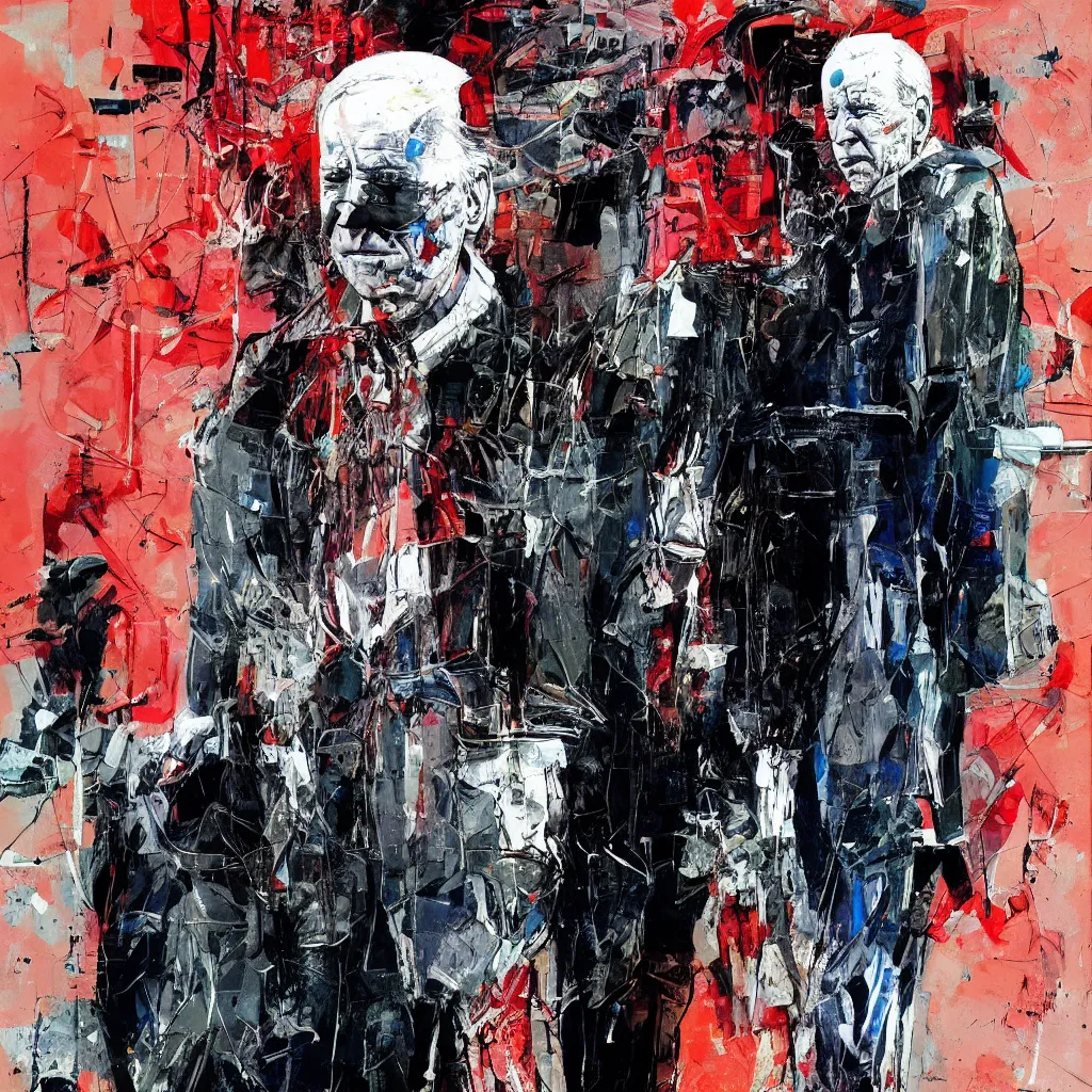 Image similar to Joe Biden full body portrait, Techwear, Cyberpunk, painting by Ralph Steadman, Francis Bacon, Hunter S Thompson