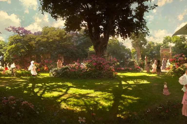 Prompt: an ornate victorian garden, party in front, scene in an open field. 1 8 9 0, key visual, conceptart, ambient lighting, highly detailed, digital painting, artstation, concept art, sharp focus, by makoto shinkai and akihiko yoshida and greg manchess