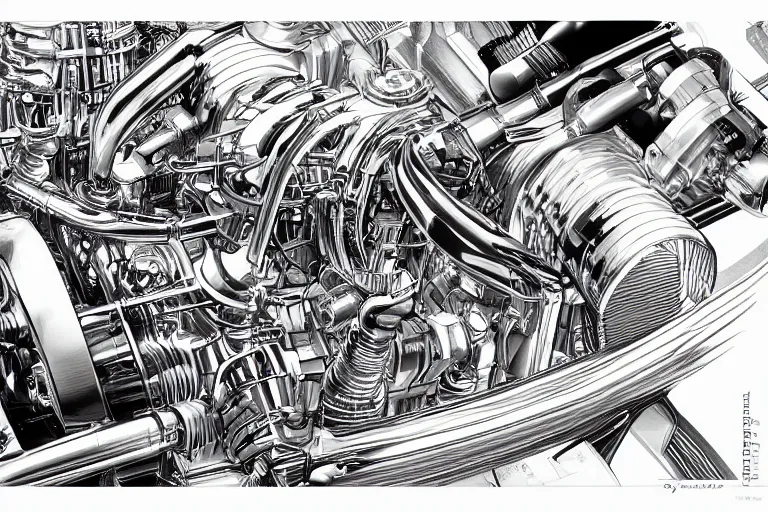 Image similar to f1 engine cutaway illustration by jean giraud moebius engineering black and white chrome