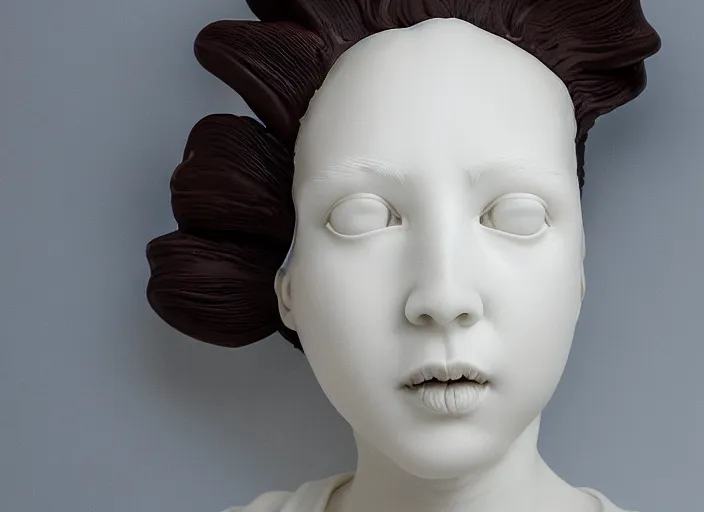 Image similar to full head and shoulders, beautiful female porcelain sculpture by daniel arsham and raoul marks, smooth, all white features on a white background, delicate facial features, white eyes, white lashes, detailed white 3 d giant poppies on the head