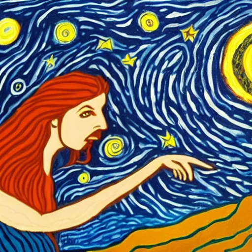 Image similar to A beautiful art installation of a woman with long flowing hair, wild animals, and a dark, starry night sky. by Mikhail Larionov, by Noelle Stevenson manmade