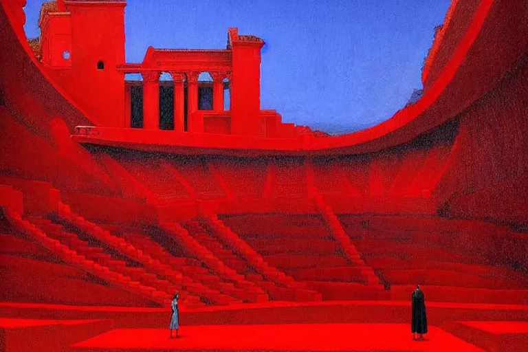 Image similar to only with red, a red great emperor, taormina amphitheatre, crowd with big smile, in the style of beksinski, parts by edward hopper, parts by rodcenko, parts by yue minjun, intricate and epic composition, red by caravaggio, insanely quality, highly detailed, masterpiece, red light, artstation, 4 k