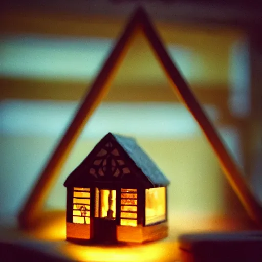 Image similar to a tiny wooden cottage with warm lights inside a terrarium bottle.