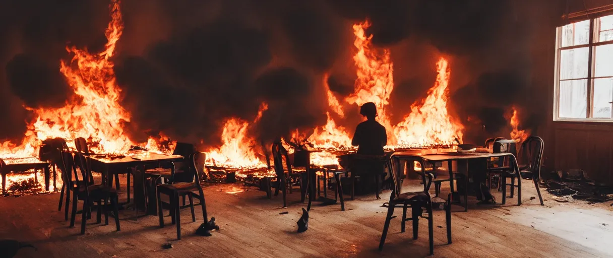 Image similar to a photograph of a big fire on a dining room on fire, only remains a wooden table and a chair (no fire at all there), an human-like relaxed dog sitting at this table, ☕ on the table, surrounded by flames, a lot of flames behind the dog, black smoke instead of the ceiling, no watermark