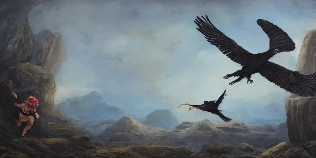 Prompt: giant crow painting chasing a girl in a magical landscape