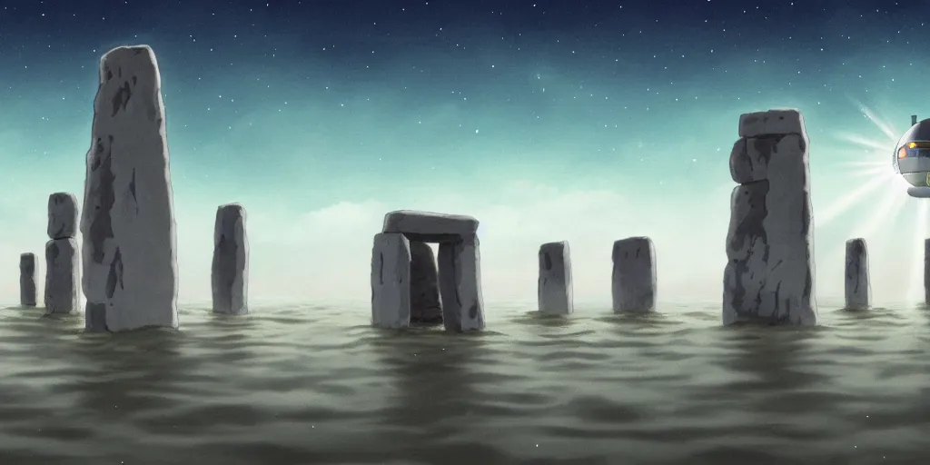 Image similar to a cell - shaded studio ghibli concept art of a giant silver hovering ufo shining a spotlight on a middle eastern merchant in a flooded stonehenge desert on a misty starry night. very dull colors, asymmetrical, hd, 4 k, hq