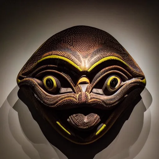 Prompt: traditional alien mask in a museum with spot lights, realistic, photography, photojournalism, national geographic photoshoot