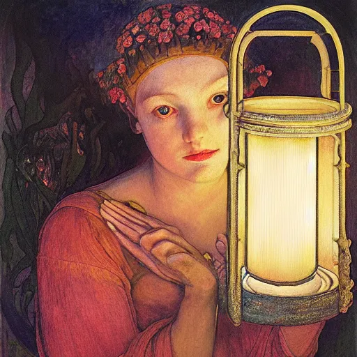 Image similar to the dawn queen with her lantern, by annie swynnerton and diego rivera and elihu vedder, symbolist, dramatic lighting, elaborate geometric ornament, art brut, smooth, sharp focus, extremely detailed, leo and diane dillon, adolf wolfli, soft pastel colors