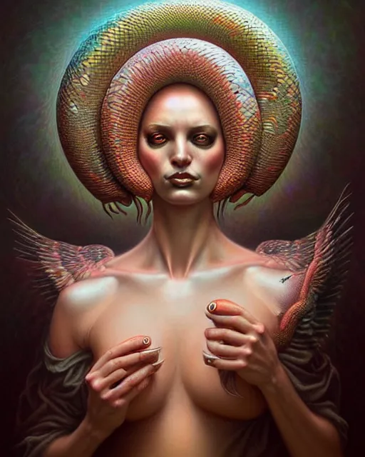 Image similar to a detailed portrait of dreampunk flamingo python hybrid mix beautiful! goddess by tomasz alen kopera and peter mohrbacher