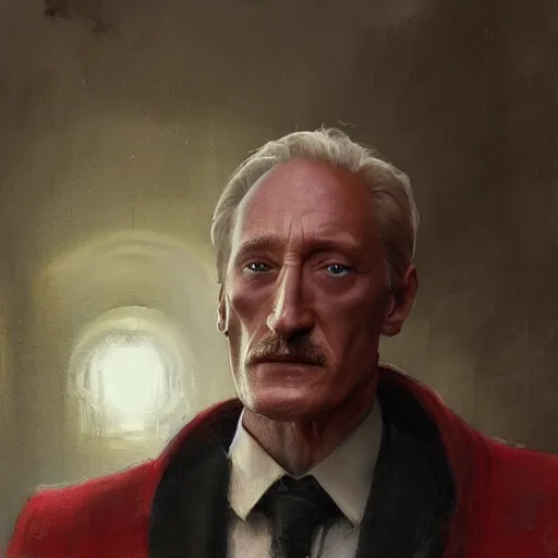 Image similar to portrait of a man by greg rutkowski, he looks like charles dance, star wars expanded universe, he is about 7 0 years old, wearing white and red chancellor clothes of the galactic triunvirate.