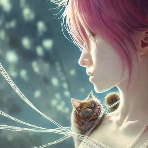 Image similar to terrifying closeup portrait of a beautiful carefree catgirl covered in strings of flowers, by katsuhiro otomo, yoshitaka amano, nico tanigawa, artgerm, greg rutkowski makoto shinkai takashi takeuchi rendered with intense 3 d effect reflective shadowing, cinematic lighting, hyperrealistic illustration uhd 8 k