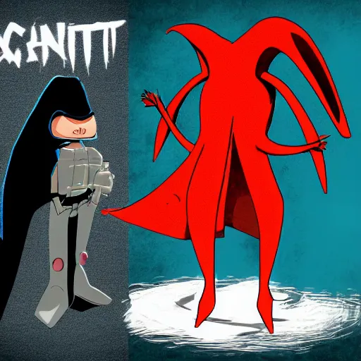 Image similar to concept art character with a vampire squid headed character with a cape that is tall and thin that lives in an underwater dystopian city and uses a baseball as a weapon against mutant set in the apocalypse created by Dana terrace for a comic book with chromatic aberration and design influences from fret nice the video game