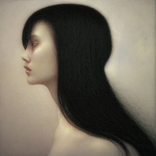 Prompt: female teen with pale white skin and short black hairs, by Beksinski