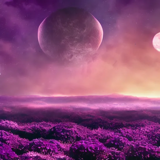 Prompt: Landscape photo of beautiful alien world, with purple skies and large flowers, wallpaper, 8k, award winning photo